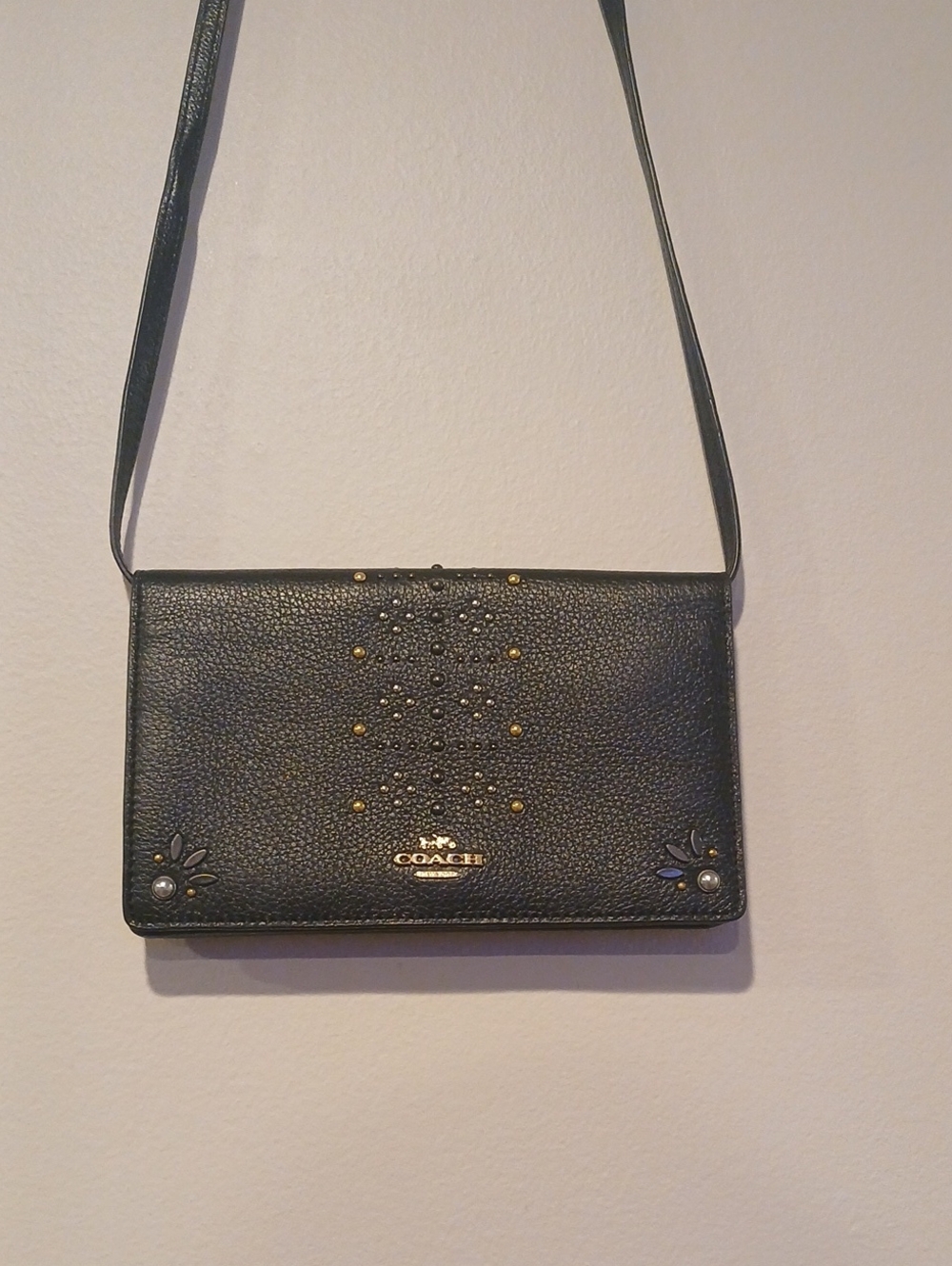 Coach Black Leather Crossbody Wallet with Gold Stud Accents